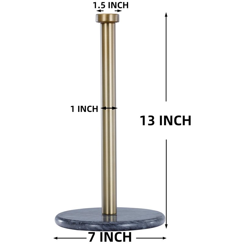 QiYueZaiYe Natural Marble Paper Towel Holder with Metal Rod - 7" Extra Large Base Fits Jumbo Rolls - 2.8 lbs Heavyweight for One-Handed Tearing - Modern Standing Kitchen Towel Rack - Gold/Silver
