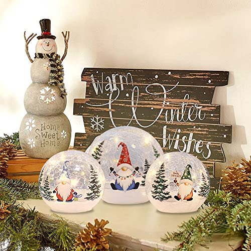 Lighted Christmas Gnome Crackle Glass Globes - Set of 3 with Timer