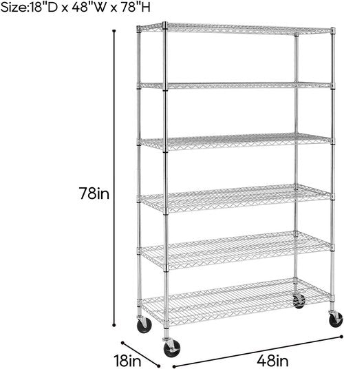 BestOffice 6-Tier Wire Storage Shelves - Heavy-Duty Metal Racks with Wheels | 18x48x78 | Chrome Finish | Tool-Free Assembly for Home & Garage