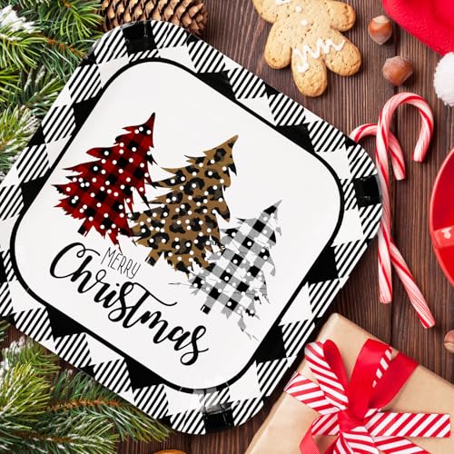 Whaline Christmas Plaid Tree Square Paper Plates 9 Inch - Holiday Party Supplies