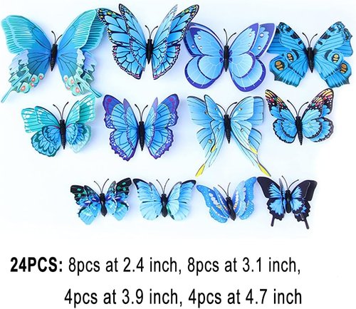 BOPART 3D Butterfly Decals - 24Pcs Magnetic Wall Decor Stickers for Party Crafts | Blue, 12 Styles, 4 Sizes