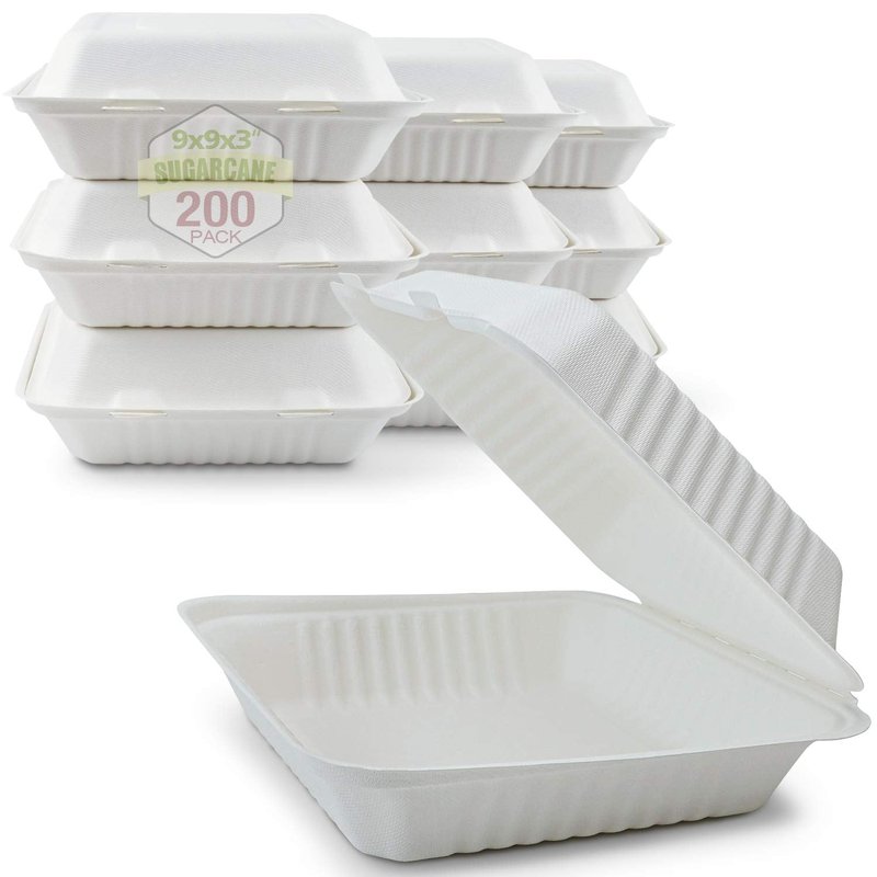 Green Earth 9-Inch, 200-Count, 1-Compartment, Compostable Clamshell, Natural Bagasse (Sugarcane Fiber), Take-Out/to-Go Food Boxes - Biodegradable Containers, Hinged Lid Microwave-Safe Gluten-Free