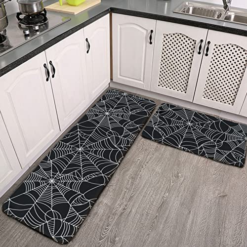 2-Piece Halloween Spiderweb Kitchen Rug Set, Soft Flannel Non-Slip Floor Mats