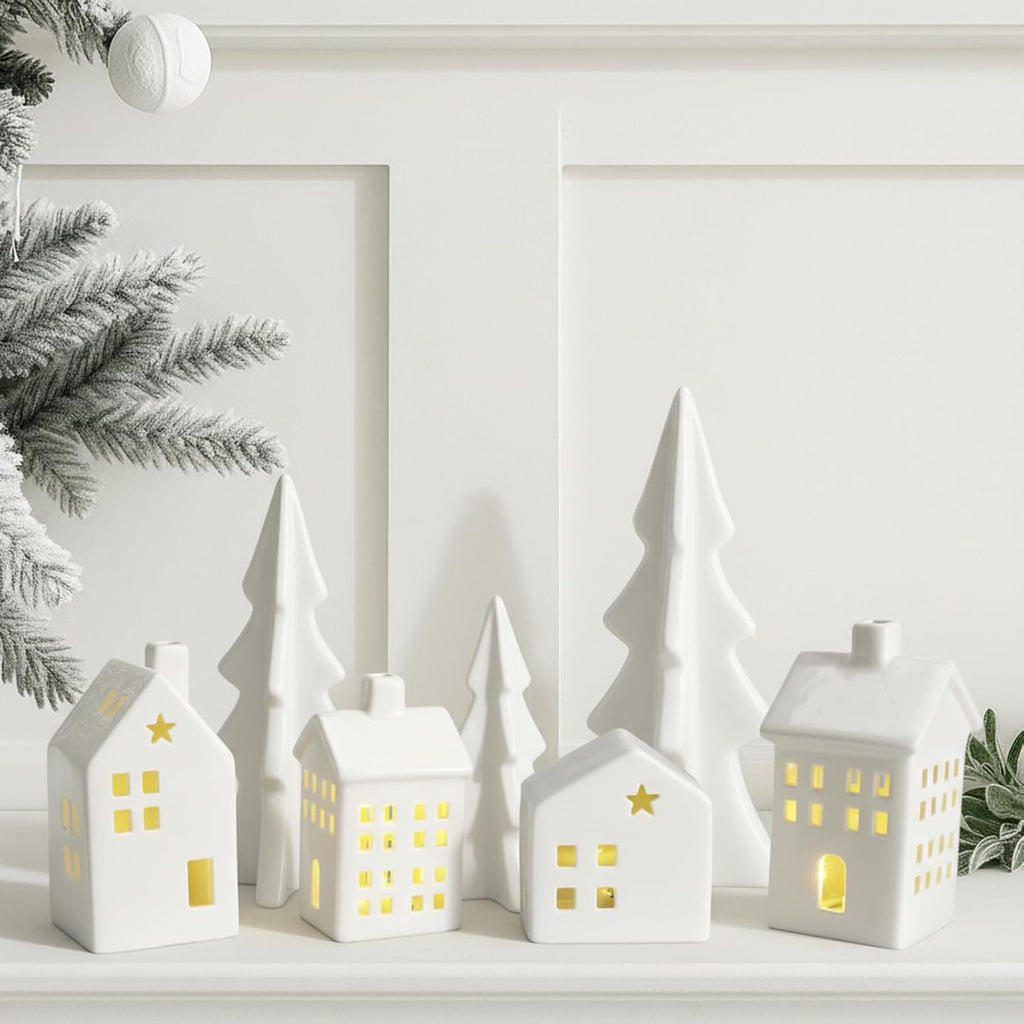Newtay Ceramic Christmas Village Set - 7 Pcs LED Light-Up White Houses & Xmas Trees for Rustic Holiday Decor
