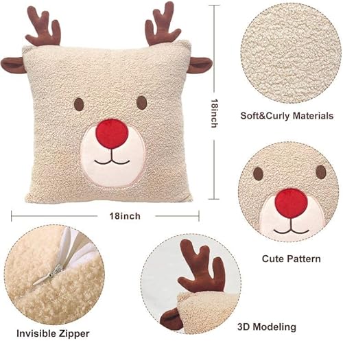 BirdNest Reindeer Christmas Throw Pillow Covers 18x18 inch Set of 2 Christmas Decoration Throw Pillows 3D Embroidery Deer Pillowcases Xmas Decorations for Sofa Couch (Khaki)
