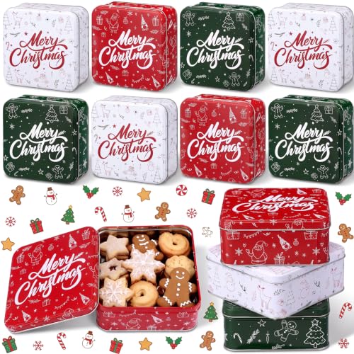 Qunclay 12 Pack Christmas Metal Cookie Tins with Lids for Holiday Gifting
