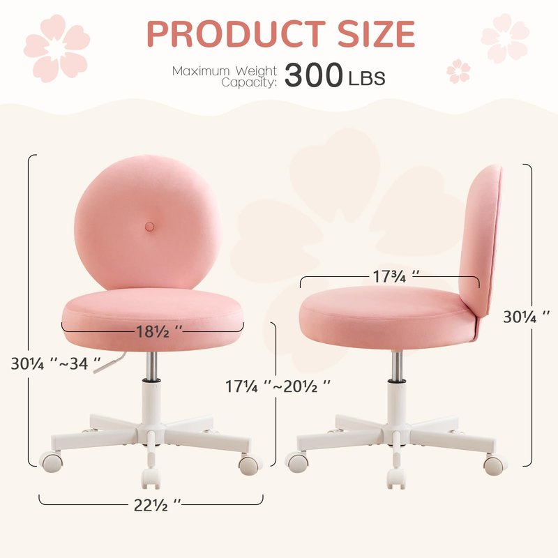 Furniliving Round Velvet Vanity Chair with Wheels, 360° Swivel Armless Desk Chair, Adjustable Height Rolling Makeup Chair for Bedroom Study Room, Pink