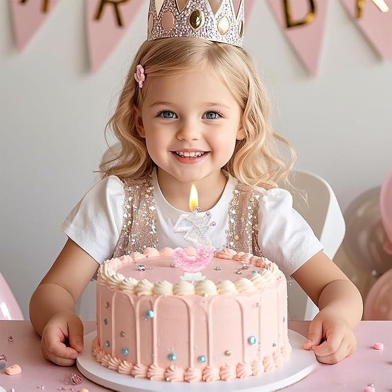 Pink Birthday Number 4 Candle with Crown - Princess Party Cake Topper