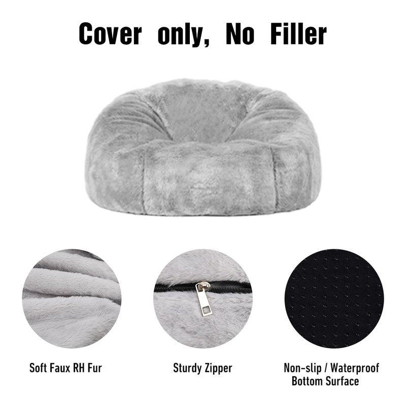 (No Filler) 6FT Giant Bean Bag Chair Cover Soft Faux RH Fur Sofa Bed Washable Bean Bag Couch Cover for Adult and Kids with Liner