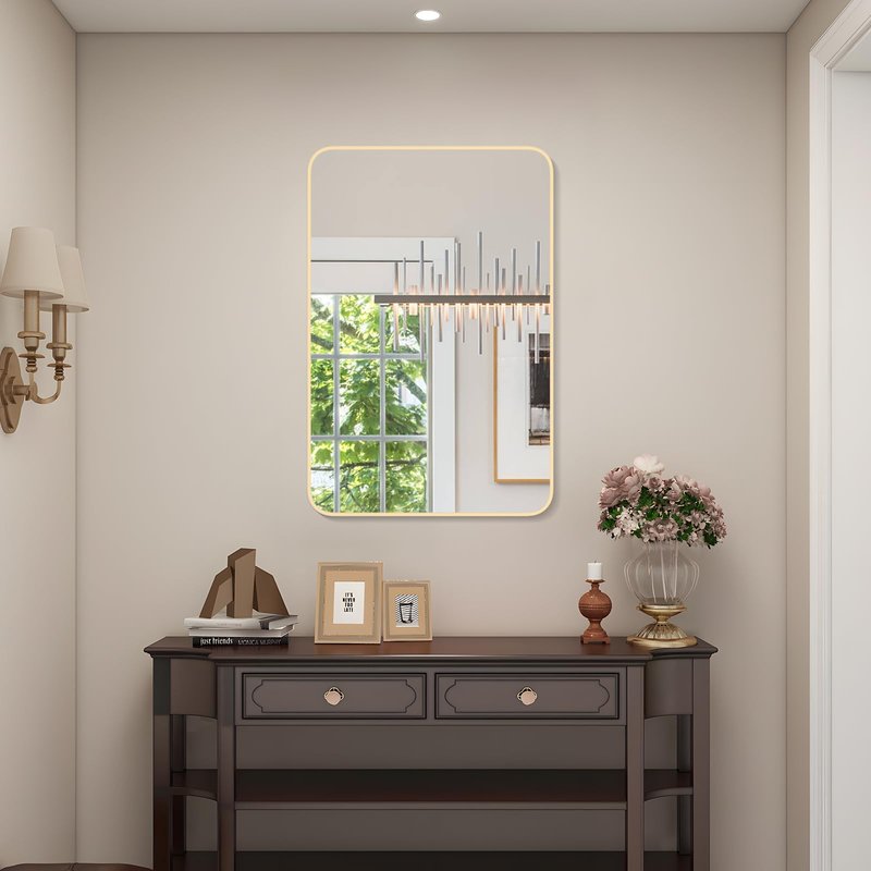 FUWU HOME Wood Bathroom Mirror for Wall 24" x 36" Black Rounded Corner Rectangle Mirror with Wooden Framed for Vanity, Entryway, Living Room and Bedroom Home Wall Decor (24" x 36"Black)