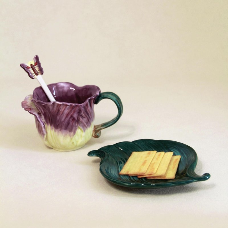 Minigift Ceramic Tea Cup and Saucer Set ，6OZ 3D Hand-Painted Flower and Lotus Leaf Coffee Mug，Gift for Women- Purple Tulip