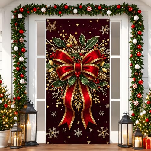Christmas Door Cover 71x35in - Elegant Red Bow Holly Banner with Gold Snowflakes (Variation: Christmas red bow / 71x35 inches)