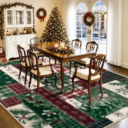 AtawLege 6' x 9' Christmas Area Rug - Red & Green Patchwork w/ Snowflake & Pine