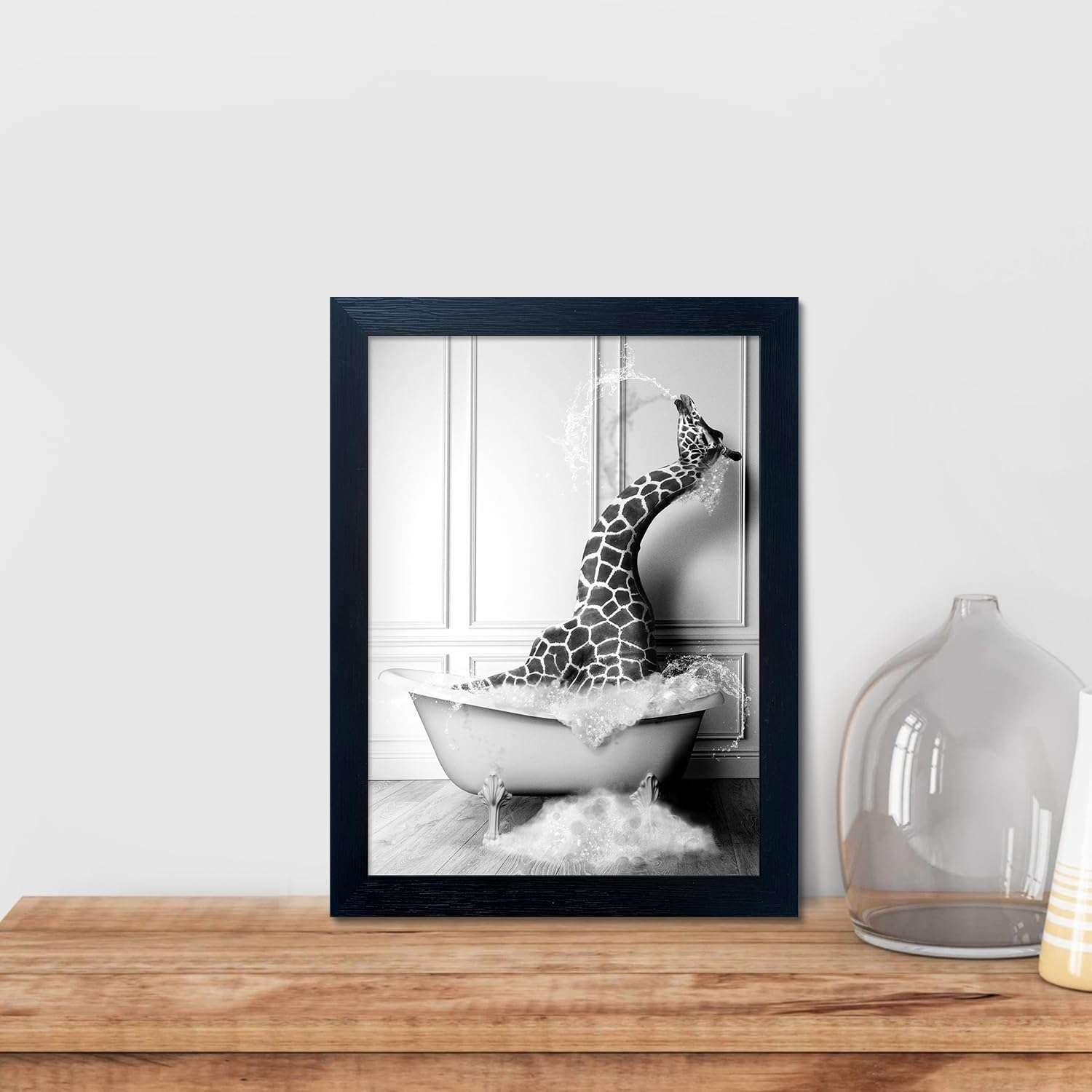 Skiennix Black and White Giraffe in Bathtub Canvas Print - Funny Animal Wall Art for Kids' Bathroom Decor