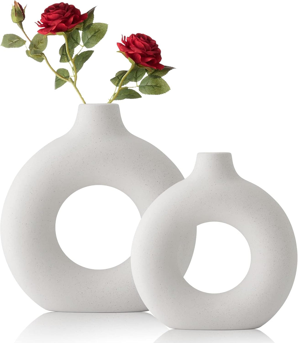 Skiennix White Ceramic Vases - Modern Circle Pampas Grass Decor | Set of 2 for Minimalist Home & Office
