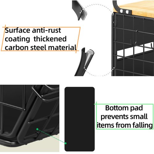 DecruKaltiz Magnetic Shelf for Fridge with Bamboo Lid,Fruit Vegetable Potato and Onion Wire Basket, Refrigerator Magnetic Spice Rack for Countertops, Cabinets, Laundry Rooms and RVs (Black, 2 Pack)