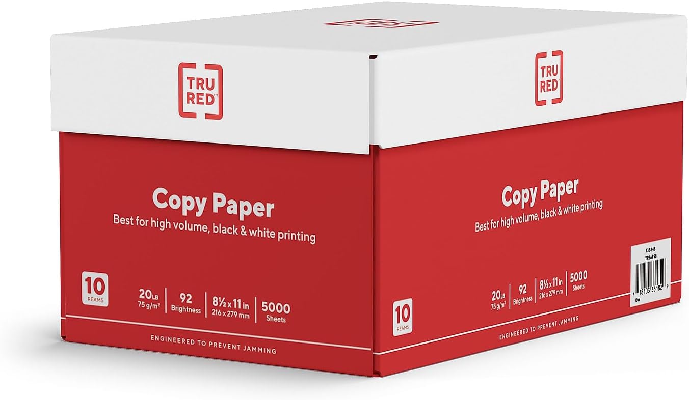 TRU RED Copy Paper - 20 lb, 92 Bright, 8.5x11 Inches - 5000 Sheets for Office, School & Home