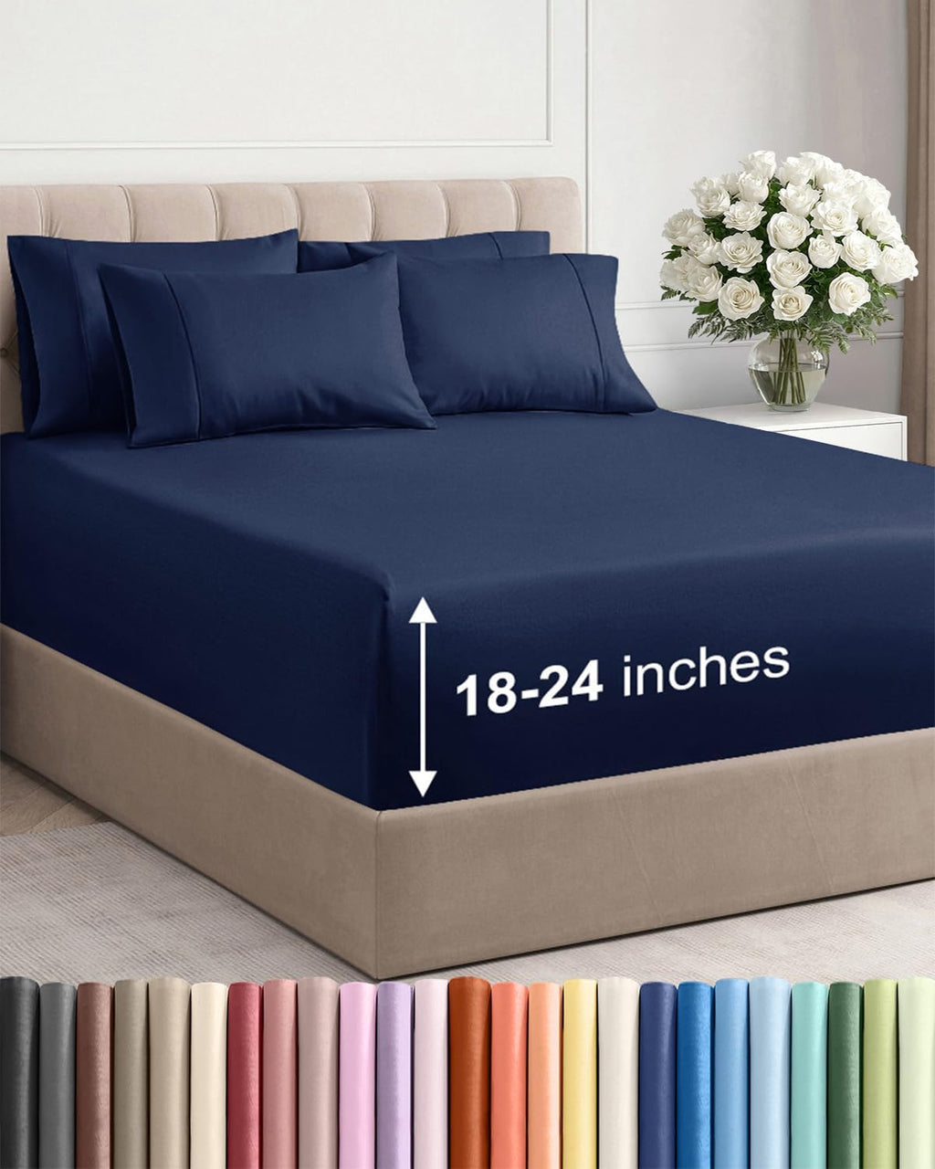 Skiennix Extra Deep Queen Sheet Set | 6-Piece Breathable Cooling Bedding - Soft, Wrinkle-Free Navy Blue