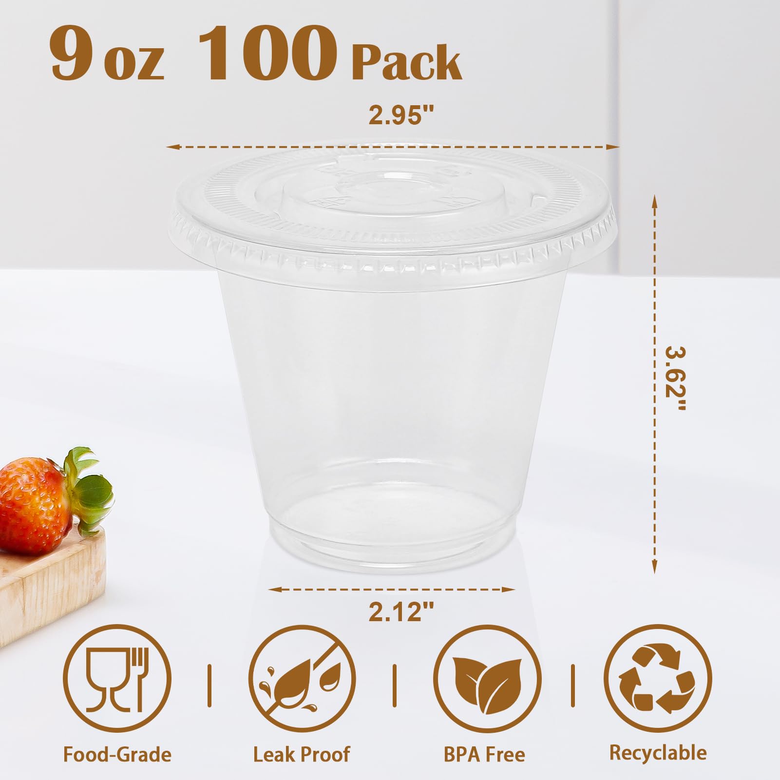 BYSNOW 100 Packs 9 oz Clear Plastic Cups with Flat Lids, Disposable Cups with Lids, Plastic Dessert Cups for Ice Cream, Cake, Snacks, Fruit, Cold Drinks, Smoothie, Pudding, Salad