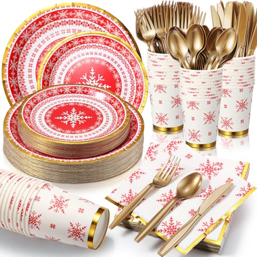 Umigy Snowflake Christmas Dinnerware Set for 25 Guests - Disposable Holiday Plates Cups & Cutlery