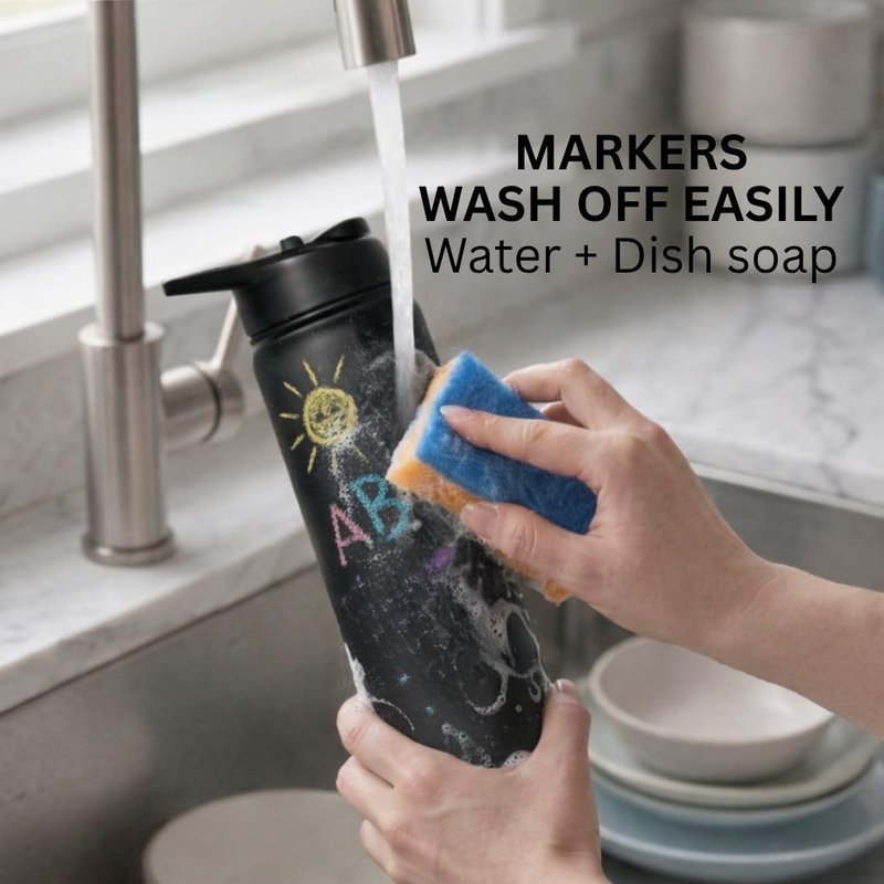 CHALKME Kids Water Bottle 25oz Stainless Steel Vacuum Insulated with Washable Chalk Markers Included, Decorate Your Own Water Bottle, Reusable Gift for Boys and Girls