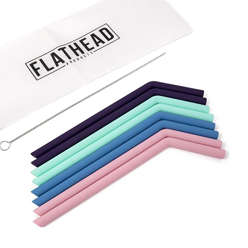 Premium Bent Silicone Reusable Straws, Set of 10 with Cleaning Brush - Flexible, Long, Colorful, Bendy Reusable Straws for 20oz to 32oz Tumblers and Smoothie Cups - Dishwasher Safe and Easy to Clean