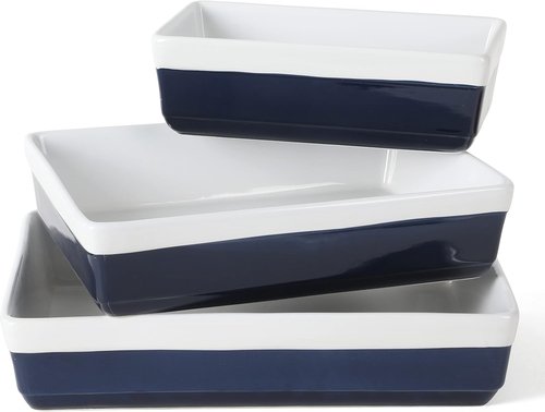 Martha Stewart 3-Piece Stoneware Bakeware Set - Durable Cobalt Blue Baking Dishes for Oven & Table