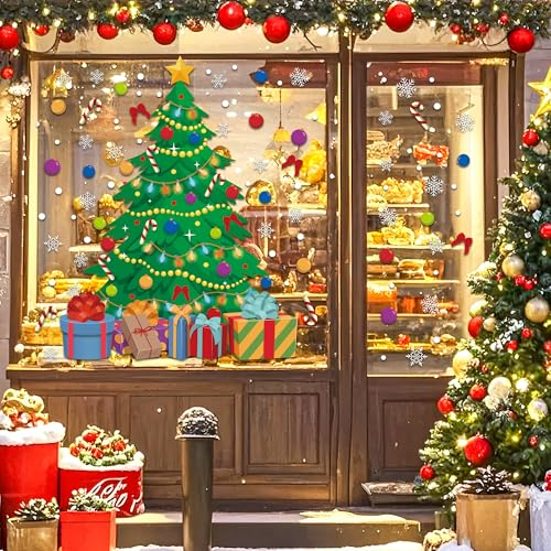 Augisteen Reusable 2-Piece Christmas Tree & Snowflake Window Clings - Large Holiday Decals for Glass & Home Decor