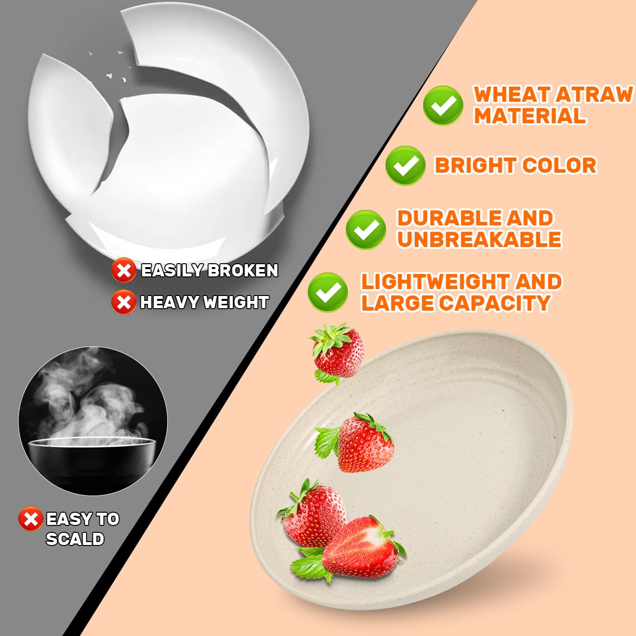 Wheat Straw Dinnerware Sets for 6 (42pcs), SGAOFIEE Unbreakable Dinnerware Set, Kitchen Plates and Bowls Set, Unbreakable Plastic Outdoor Camping Dishes, Dishwasher Microwave Safe, Beige White