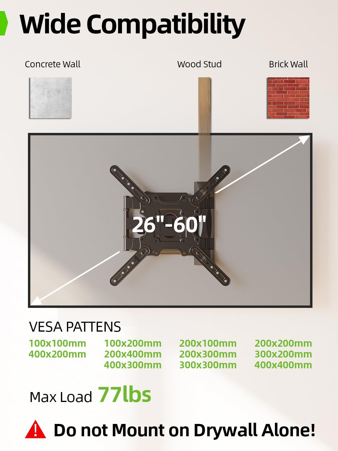 USX Mount Full Motion TV Wall Mount - Swivel & Tilt for 26-60 Inch TVs, Max VESA 400x400mm, 77 lbs Capacity