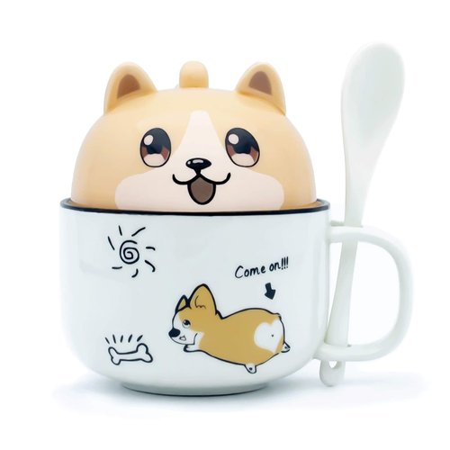 SQKJ Cute Corgi Ceramic Coffee Mugs Tea Cups with Lid and Spoon Lovely Dog Design Gifts for Kids Girls Boys (370ml+160ml/12.5oz + 5.4oz)