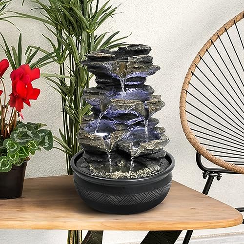 15.7" Tabletop Water Fountain with LED Lights - 5-Tier Indoor Rock Waterfall