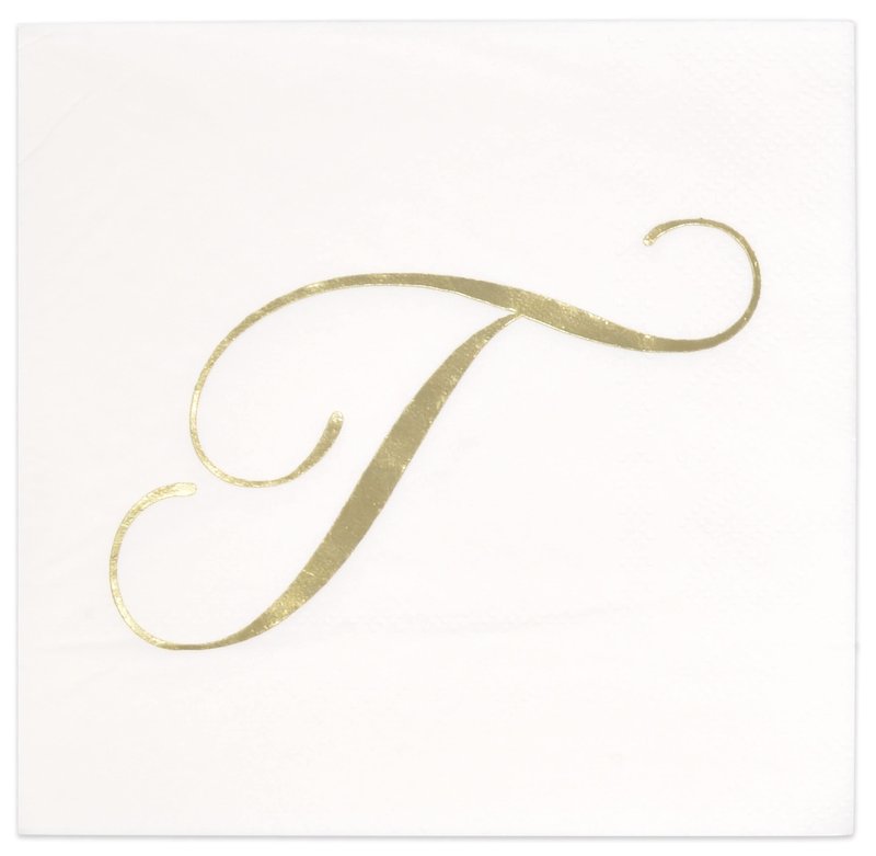 Gift Boutique 100 Gold Monogram Cocktail Napkins Letter T Disposable Paper Pack Elegant Metallic Golden Foil Hand Napkin for Powder Room Wedding Holiday Birthday Party Baby Shower Decorative Towels