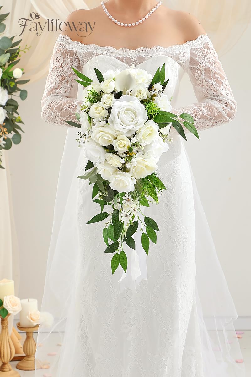 Faylifeway Wedding Bouquets for Bride, White Cascading Bridal Bouquet Artificial Flowers，9.8 Inch Bride Bouquets for Wedding Decoration, Boho Ceremony,Church, Anniversary Decor