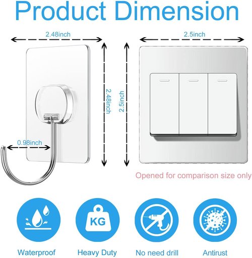 JINSHUNFA Heavy Duty Adhesive Wall Hooks - 13LB No Drill Transparent Waterproof - 8 Pack for Bathroom & Kitchen