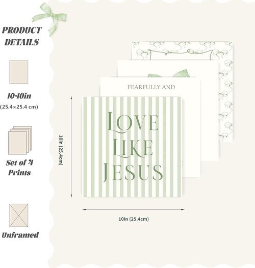 LARTSFRO Coquette Wall Art Decor - Sage Green Bow Christian Posters | Inspirational Bible Verses, 10x10 Inch Set of 4 (Unframed)