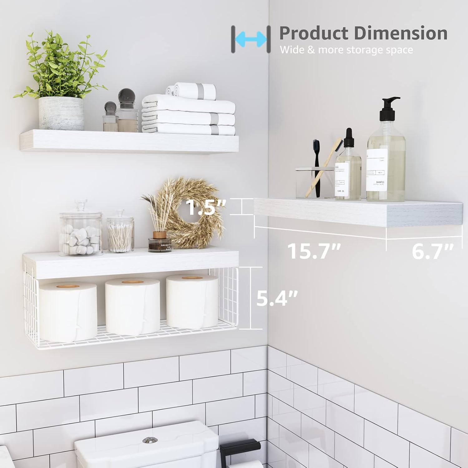 QEEIG Bathroom Shelves - Over Toilet Wall-Mounted Floating Storage | Set of 3 White 16-Inch Farmhouse Decor
