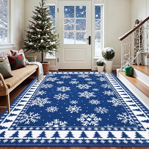 ROYHOME Blue Snowflake Christmas Area Rug 5x7 ft Washable Decor