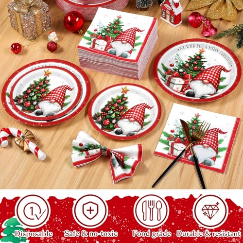 Homlouue Gnome & Christmas Tree 200-Piece Disposable Dinnerware Set - Plates & Napkins, Serve 50