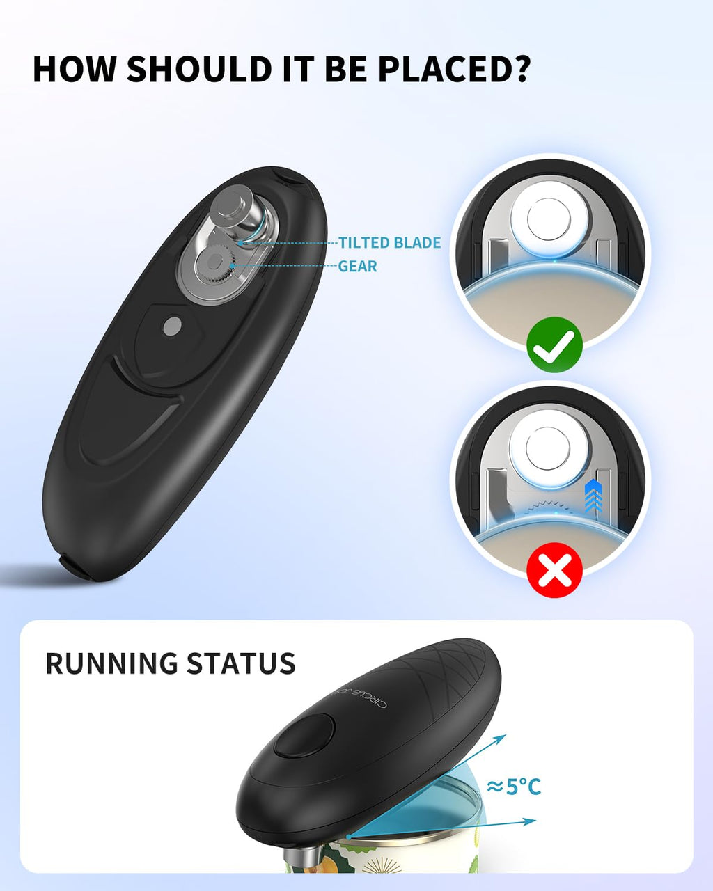 CIRCLE JOY Electric Can Opener, One-Touch Automatic Can Opening with Smooth Edges, Food Safety Handheld Battery-Operated Can Opener for Kitchen and Seniors, Black