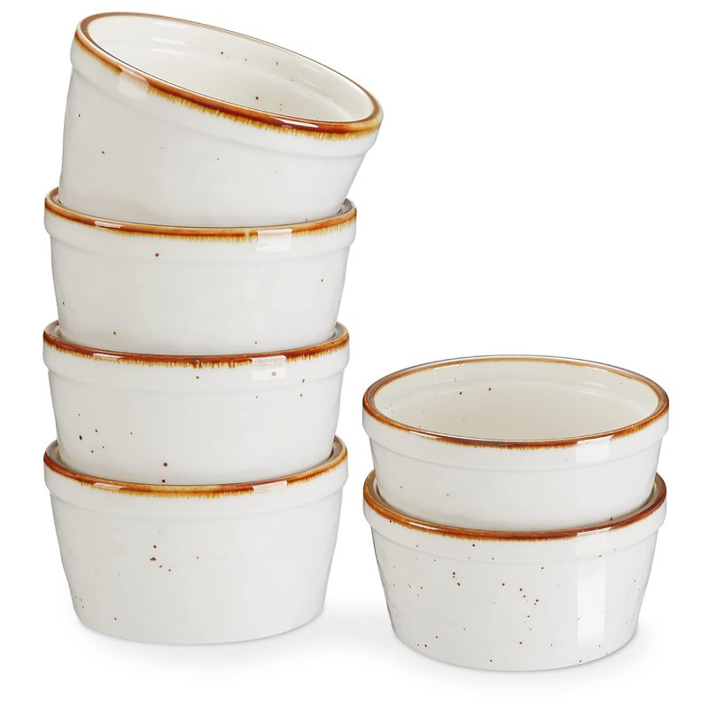 ONEMORE 8 oz Ramekins Oven Safe, Ceramic Small Ramekins with Brown Rim for Baking, Speckled Cute Ramekin Set for Creme Brulee, Sauces, Desserts & Ice Cream, Individual Custard/Pudding Cups Set of 6
