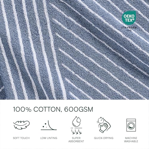 Lacoste Guethary Striped Cotton Bath Towel - Denim, 30x54 inches, Reversible Design