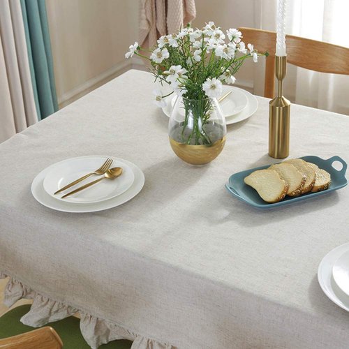 AMZALI Cotton Linen Tablecloth Flounces Fabric Dust-Proof Table Cover for Kitchen Dinner Picnic Table Cloth Tabletop Buffet Home Decoration (Rectangle/Oblong, 55 x 70 Inch, Linen)