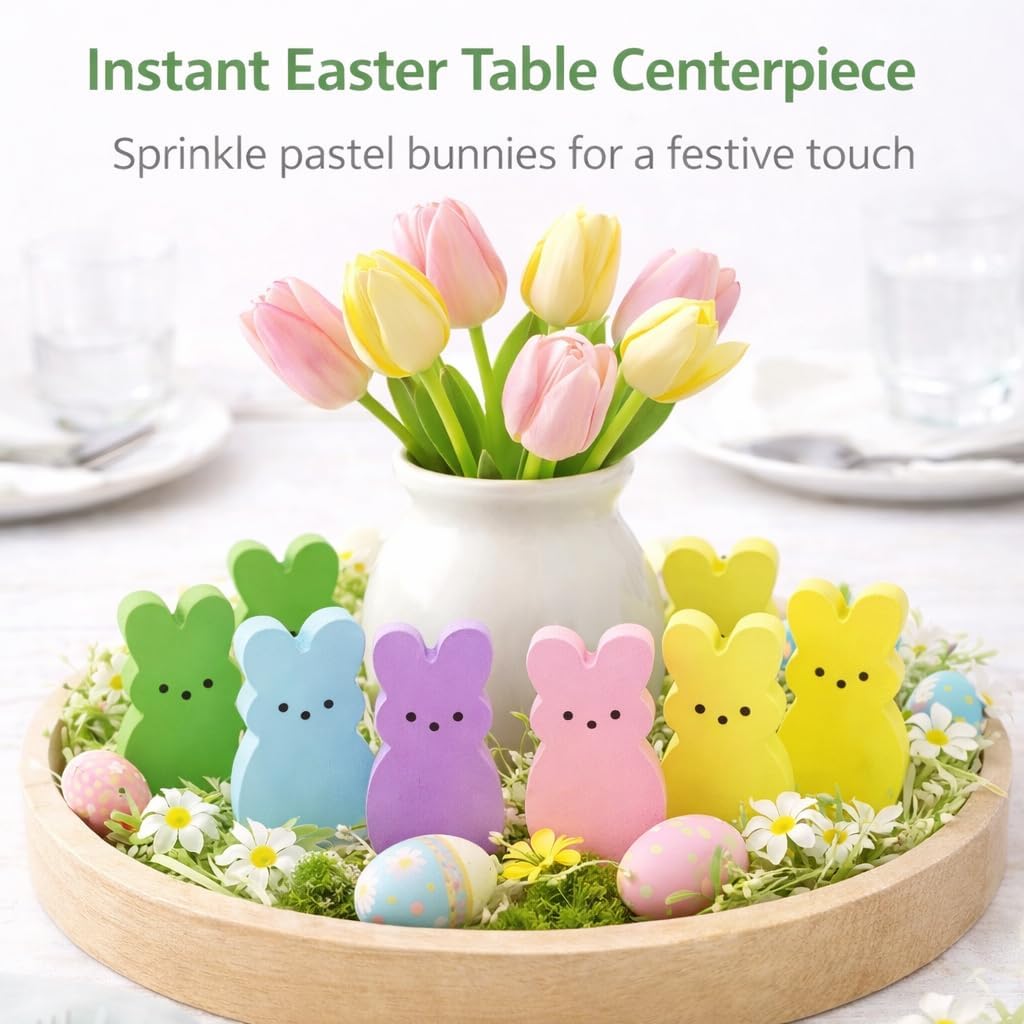 Wooden Easter Decor - 30 Pcs Mini Bunny Set | Freestanding Tiered Tray & Basket Fillers