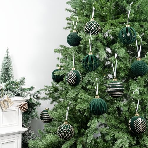 Hismir Dark Green Velvet Christmas Tree Ornaments Bulk 12 Pcs 3.15 Inch Flocked Balls
