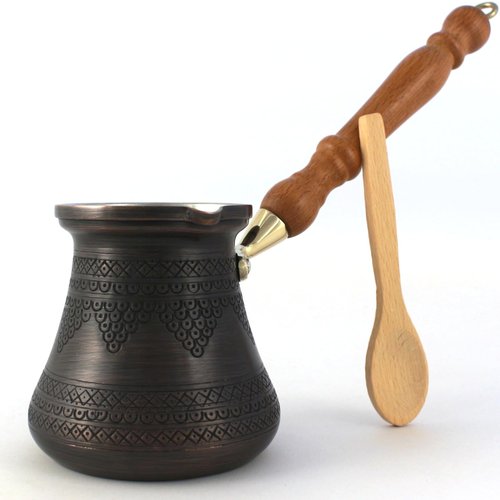 DEDE Copper - PCZ Series (Large-14fl.oz) - Thickest Solid Copper Engraved/Hammered Turkish Greek Arabic Coffee Pot with Wooden Handle, Stovetop Coffee Maker Cezve Jezve Jazva Ibrik Briki (Antique)