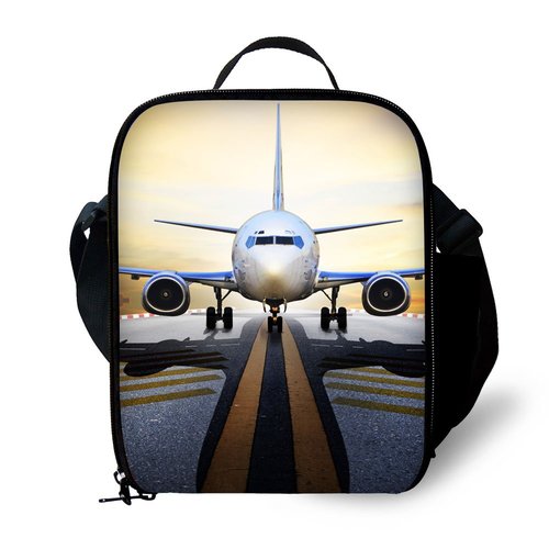 ANYFOCUS 3D Airplane Design Kids Lunch Bag Durable Insulated Lunchbox Small Black Lunch Box for Children Boys Girls Customized Cooler Bag with Adjustable Shoulder Strap