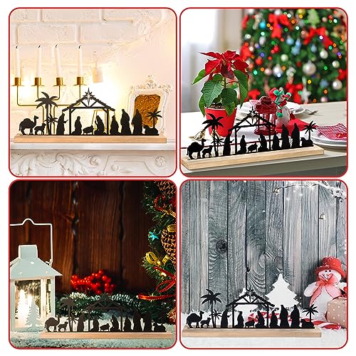 Black Metal Nativity Scene Display with Wood Base for Christmas Table Decor