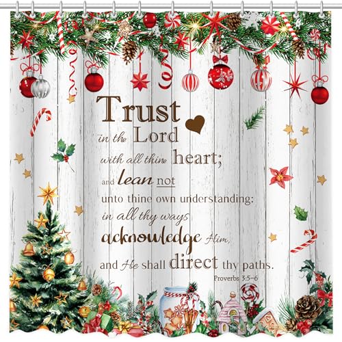 Christmas Shower Curtain with Xmas Tree & Ornaments - Green & White, 72x72 in