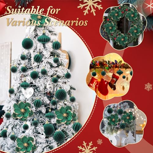 Kinlop 34 Pcs Velvet Christmas Ornaments Set Dark Green – 22 Balls, 6 Poinsettias & 6 Berry Stems
